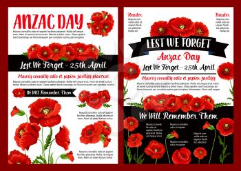 Anzac Day memory banner of poppy flower and black ribbon with Lest We Forget and We Will Remember text. Red floral wreath poster for Australian and New Zealand Army Force Remembrance Day design