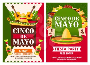 Cinco de Mayo Mexican national holiday celebration fiesta party invitation. Vector posters of Mexican traditional tequila and guitar, Mexico flags on sombrero and food with avocado guacamole food