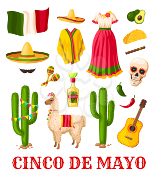 Cinco de Mayo mexican holiday celebration icon set. National flag of Mexico, sombrero hat and chilli pepper, maracas, tequila and guitar, cactus, carnival dress and pinata for fiesta party design