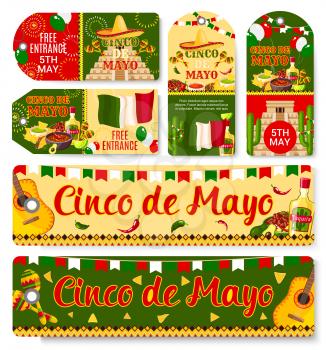 Cinco de Mayo Mexican holiday fiesta celebration tags with greetings and traditional Mexico symbols. Vector Mexican flag, jalapeno pepper and cactus tequila, guitar and avocado for Cinco de Mayo party