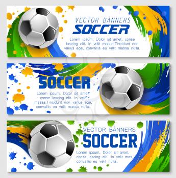 Soccer game banners background templates for football sport team or college league championship design . Vector soccer golden cup award, football ball on of arena stadium and team color flag splash