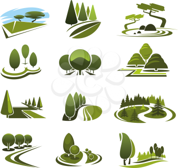 Green landscape design icons template for build and maintain service or eco environment company. Vector symbols of gardening or garden horticulture landscaping for green ecology nature trees or park