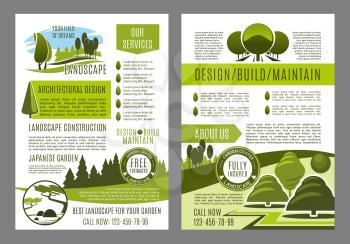 Green landscape design brochure template for build and maintain service or eco environment company. Vector poster for gardening or garden horticulture landscaping of green ecology nature trees or park