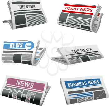 Newspaper isolated icons of folded news magazine. Vector daily news press title and text printed on pages with sign of publishing house for newspaper or information journal design template