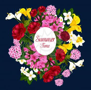 Summer time best wishes poster of tulips and snowdrops bunch for springtime greeting card and season holiday. Vector design of daisy daffodils, narcissus or violets and hibiscus flowers bouquet