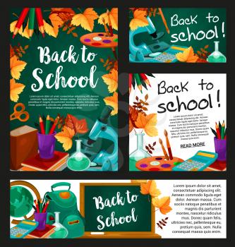 Chalkboard with Back to school text banner. School supplies frame of pencil, book and pen, blackboard, paint and globe, calculator, microscope and backpack poster with autumn leaf for education design