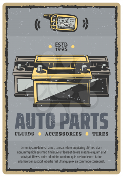 Car spare parts retro poster for automobile shop or service center. Vector vintage design of car alarm remote and accumulator battery for car diagnostics, spare parts and repair garage station