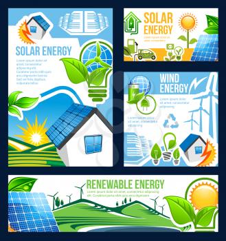 Green eco energy banner set of solar, wind and hydro power technology. Ecology and environment friendly solar panel, wind turbine and hydro power station poster for renewable energy themes design