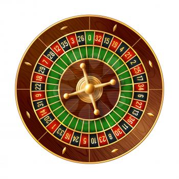 Casino roulette wheel game 3d vector of gambling industry. French or american style roulette with wooden ball track and golden turret for online casino or gamble sport betting design