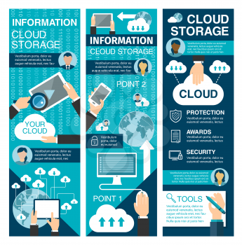 Cloud storage and data security banner for network and information technology design. Internet communication and cloud computing poster with computer, mobile phone, tablet and global network flat icon