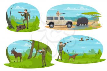 Hunting sport icon with hunter aiming rifle at forest and african safari animal. Huntsman with shotgun and dog hunting duck, elk, boar and hippo for hunter club symbol or hunting season opening design
