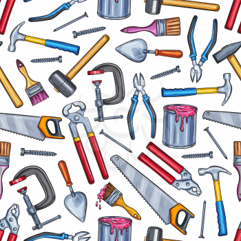 Repair work tool seamless pattern background with construction equipment. Screwdriver, hammer and pliers, brush, paint and trowel, screw, nail and cutters, saw and clamp for work instrument backdrop