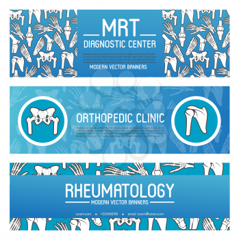 Medicine banner set of rheumatology and orthopedic clinic template. Human skeleton anatomy bone and joint with hand, knee and foot, pelvis, shoulder and leg for medical diagnostic center flyer design