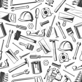 Work tool seamless pattern background with house repair instrument and construction equipment. Screwdriver, hammer and spanner, paint, brush and wrench, screw, spatula, saw and tape measure