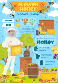 Beekeeping poster for apiary and beekeeper with info text. Man with honeycomb taking honey from beehive with bees swarm flying around on beekeeping farm. Jars and barrels on grass field vector