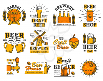 Beer signs and icons vector. Beer house and bar, pub or brewery, tavern and restaurant with mug of alcohol drink with foam, wooden barrel and wheat spikes, hop and wind mill, tap with drink vector