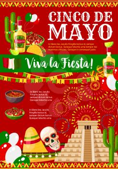 Cinco de Mayo greeting card for Mexican holiday fiesta party celebration of traditional symbols jalapeno pepper, sombrero and tequila or skull. Vector Mexico flag and Aztec pyramid for Cinco de Mayo