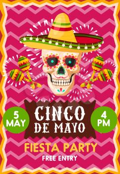 Creative festive poster with skull on pink background. Banner for fiesta party Cinco de Mayo at 5 of May. Mexican holiday Cinco de Mayo poster with maracas and hat, symbols of Cinco