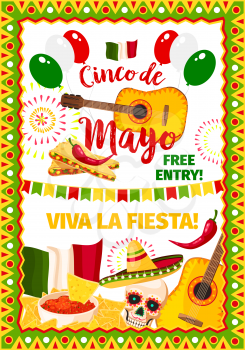 Cinco de Mayo Mexican holiday greeting card for Mexico national celebration. Vector Viva Fiesta design of traditional Mexican flag, guitar and jalapeno pepper or sombrero and skull with cactus tequila