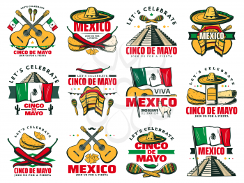 Viva Mexico icon for Cinco de Mayo mexican holiday celebration. Fiesta party sketch symbol of chili pepper, jalapeno and sombrero, maracas, guitar and mexican flag, tequila, cactus and festive food
