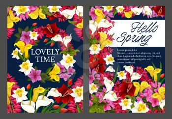 Hello Spring floral banner with blooming flower wreath. Springtime season holiday festive poster in frame of daffodil, tulip and calla lily, azalea, freesia flower blossom and garden plant green leaf