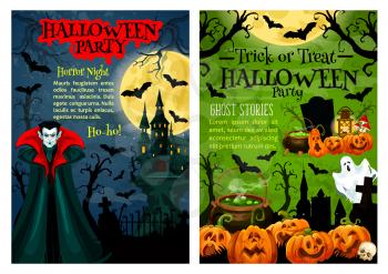 Halloween horror pumpkin and vampire festive banner for night party invitation. October holiday jack o lantern, ghost and bat, spooky house, moon and dracula, skeleton skull and cemetery gravestone
