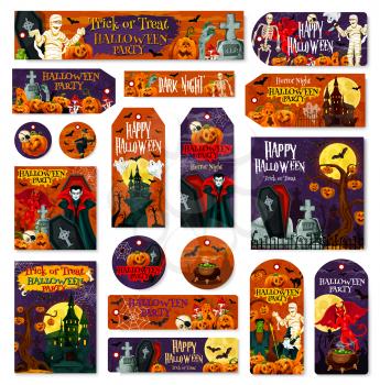 Halloween monster tag and label for october holiday night celebration. Horror pumpkin, ghost and skeleton, spooky house, witch and bat, creepy cemetery, zombie and mummy for greeting card design