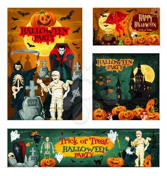 Halloween night trick or treat party banner for autumn holiday celebration. Horror pumpkin, skeleton skull and moon, scary ghost, bat and spider, spooky house, witch and vampire for invitation design