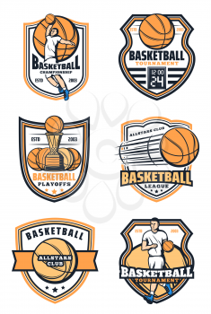 Basketball game icons with ball and player. Sporting tournament or championship. Vector player and sport game basket and shield, professional league and all stars club, playoff signs