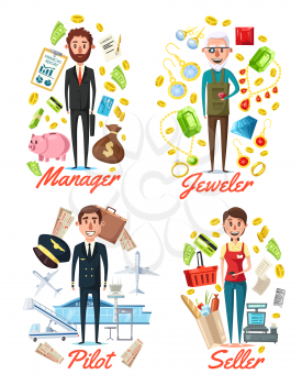 Professions and workers with work related icons. Vector manager with money and credit, jeweler with rings and necklaces, pilot with plane and airport. Seller with grocery products and cash