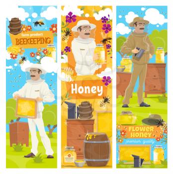 Vector beekeeping banners, apiary and beekeeper in protective suit. Man with honeycomb taking honey from beehive or holding jar of organic honey. Bees swarm flying around flowers on beekeeping farm