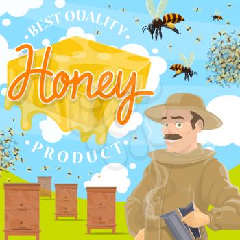 Beekeeping farm, apiary and beekeeper. Man in protective suit and beehive with bees swarm flying around on beekeeping farm. Natural rural product with healthy propolis