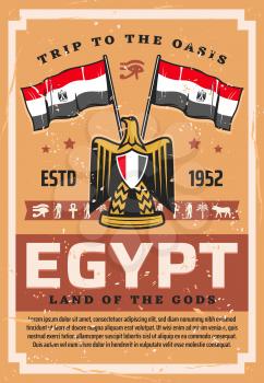 Egypt travel, flag and emblem, coat of arms with hawk or eagle. Vector Egyptian country symbols, tourism to Cairo, Africa. Horus eye and Anubis, coptic cross and Ra, palm and ox, gold eagle, phoenix