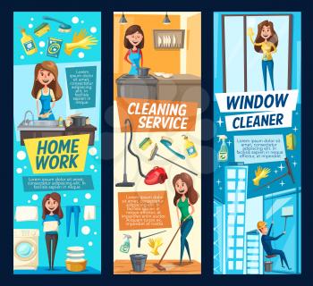 Home work or cleaning service vector banners. Man and woman cleaning windows on skyscraper, laundry washing machine and clean linen with detergent, cooking and household tools duster, rag and gloves