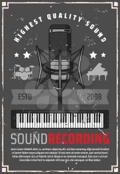 Music studio for sound recording retro poster. Microphone and synthesizer, drum and piano silhouettes on shabby vintage leaflet. Song or melody record, album production and musical instruments vector