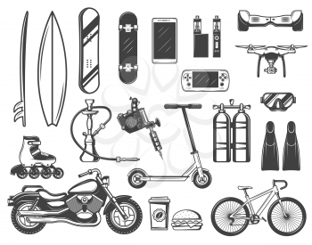 Hobby and entertainment items vector icons. Surfboard and skateboard, smartphone and game, vape and gyroboard. Quadrocopter and diving equipment, tattoo machine and hookah, motorbike