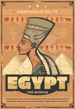 Egyptian travel retro poster queen Nefertiti, Egypt museum of relics. Great pyramids from African desert with pharaoh tombs inside. Ancient goddess and woman from royalty in authentic crown vector