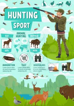Hunter with rifle on hunting sport poster for hunt season. Huntsman equipment and ammunition, gun and trap, binoculars and boots, kettle on fire. Elk and buffalo, fox and bear, duck and goose vector