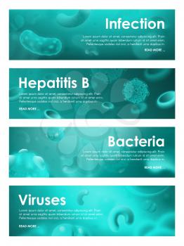 Infections and viruses banners with hepatitis b and bacteria. Bacilli and microbes and parasites for medical research and illnesses or disease treatment. Microscopic organisms and bodies vector