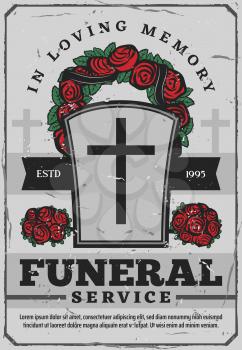 Gravestone with cross and rose wreath on funeral service poster. Tomb and loving memory attributes for burial. Death and memorial service poster with flower decoration above tombstone vector