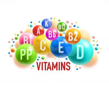 Vitamin and mineral complex banner of healthy food supplement. Colorful ball and pill of multivitamin medical poster for health care and pharmacy themes design
