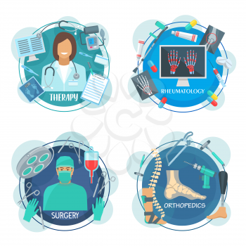 Doctor specialist label of surgery, therapy, rheumatology and orthopedics medicine. Surgeon, physician, rheumatologist and orthopedist profession round icon for hospital and health care themes design