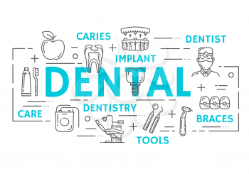 Dental clinic banner with tooth health, oral hygiene and dentistry medicine thin line icon. Dentist doctor tool, tooth, implant and braces, toothbrush, toothpaste and caries cavity poster design