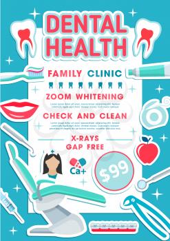 Dental health family clinic promo banner for dentistry medicine design. Tooth, dentist chair and doctor tool poster with frame of toothbrush, toothpaste and floss, braces, syringe and mouth