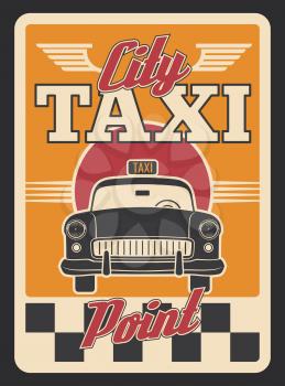 Taxi car retro poster for transportation service design. Yellow cab, vintage car of public transport old grunge banner, adorned with checkered pattern and wing for taxi service advertising design