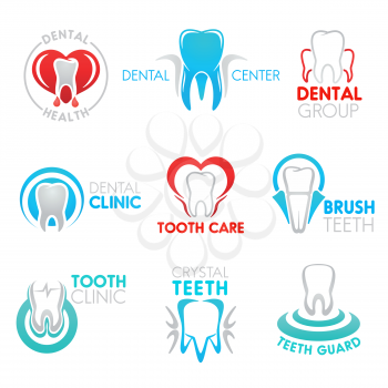 Dental clinic and tooth health center icon set. White teeth in frame of heart with heartbeat pulse isolated symbol for dentistry, health care and dentist office design
