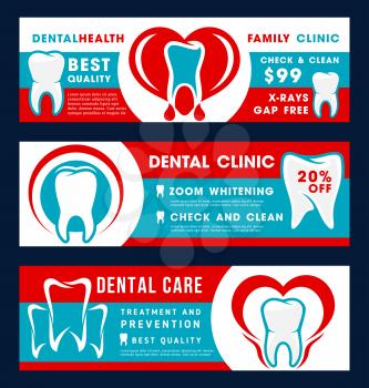 Dental clinic discount offer banner for dentistry medical treatment. Dentist tooth care therapy promo flyer for dental check up, teeth cleaning and whitening treatment, oral hygiene and dental implant