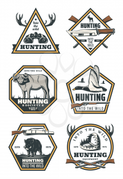 Hunting sport retro badges with animals and birds. Duck, deer, hog and bull, hunter knife, binocular and trap vintage labels, decorated by rifle gun, shotgun and antlers for hunting sport club design
