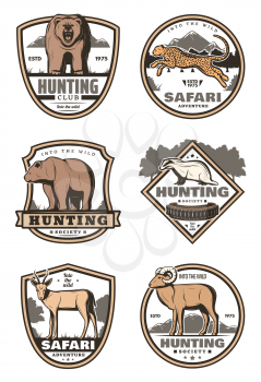 Hunting sport club and african safari retro labels with ribbon banner. Forest and savannah animals vintage icons of bear, jaguar and antelope, panther, gazelle and badger, hunter rifle and cartridge