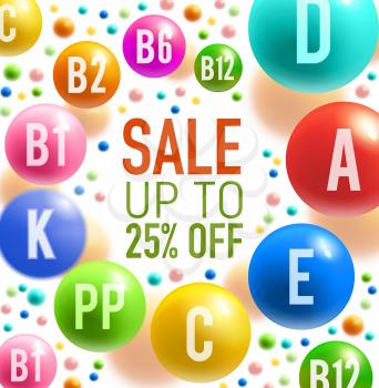 Vitamin complex sale offer banner with swirl of colorful multivitamin pill and ball. Pharmacy discount promotion poster for healthy nutrition and dieting food supplement design